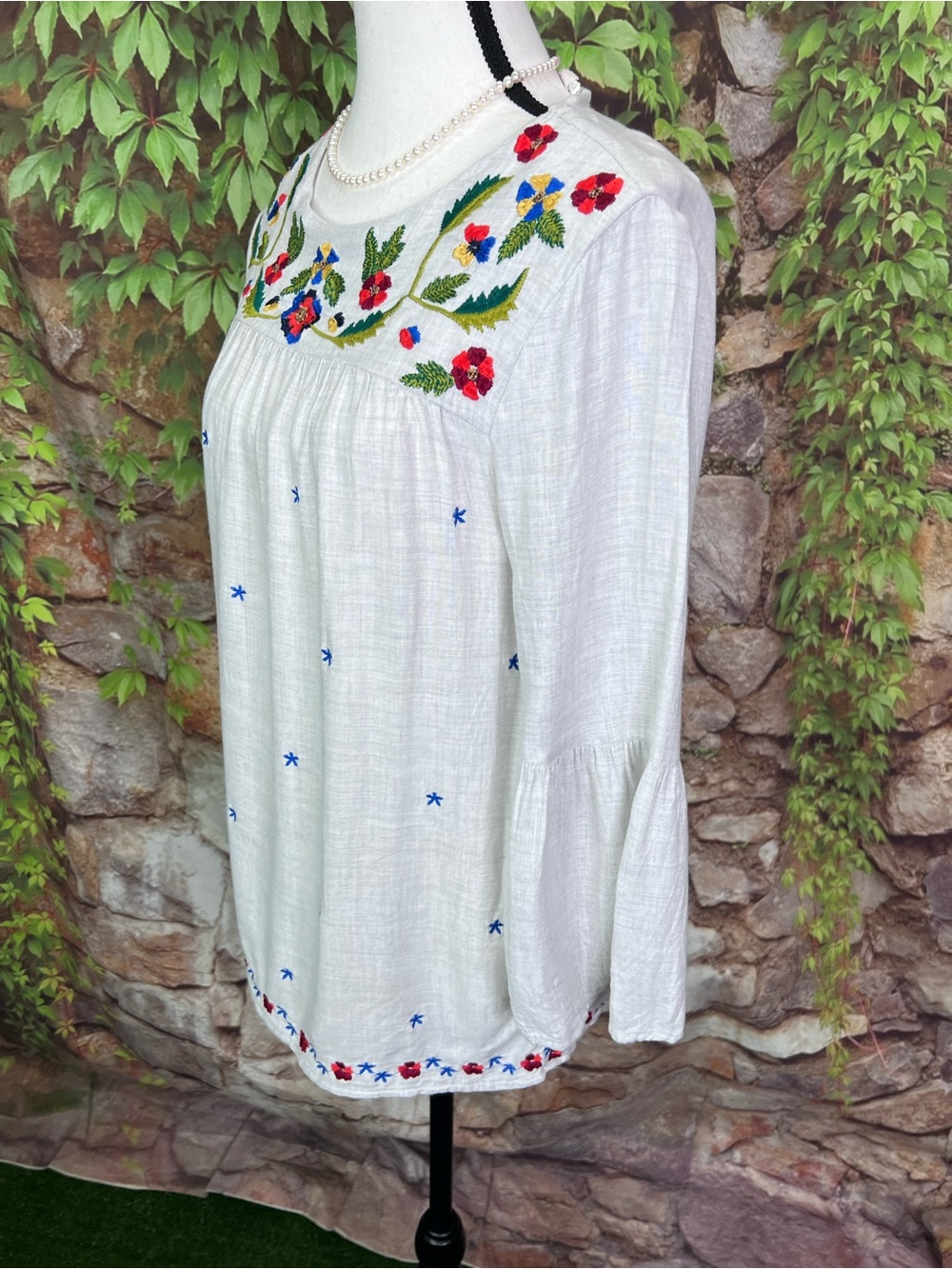 FALMER HERITAGE Pale Gray Embroidered Bohemian Peasant Blouse, UK 12/ US 8 - Picture 6 of 14